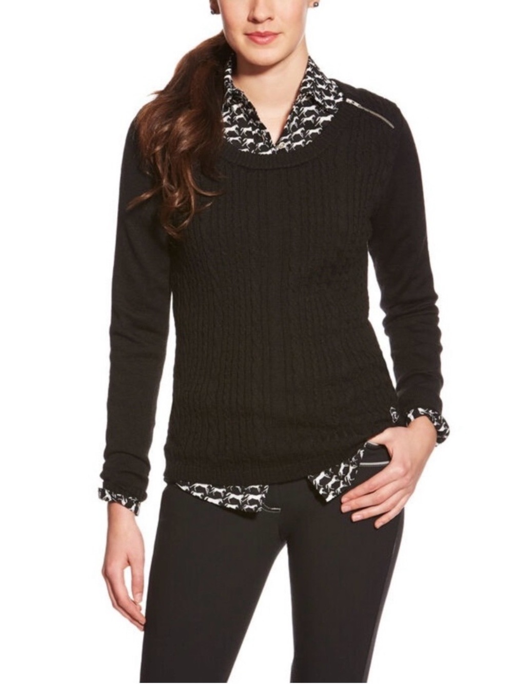 ARIAT SIZE L~SUPIMO CREWNECK MERINO WOOL BLEND SWEATER CABLE KNIT WITH ZIPPERS
